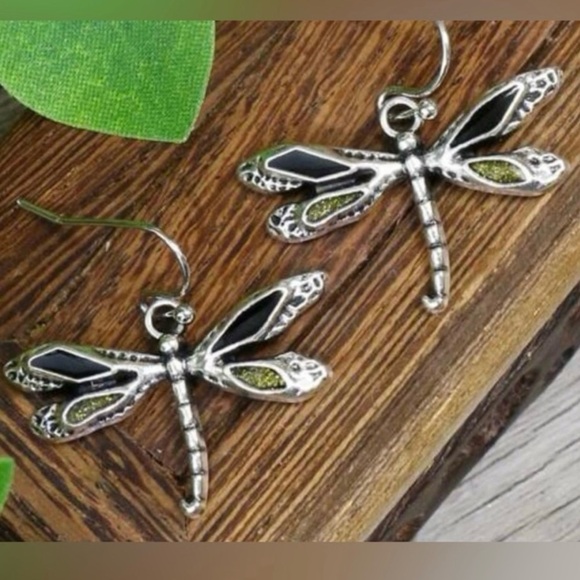 “Dragonfly” Firefly Silver Black & Green Iridescent Glitter Winged Insect Dangle - Picture 15 of 16